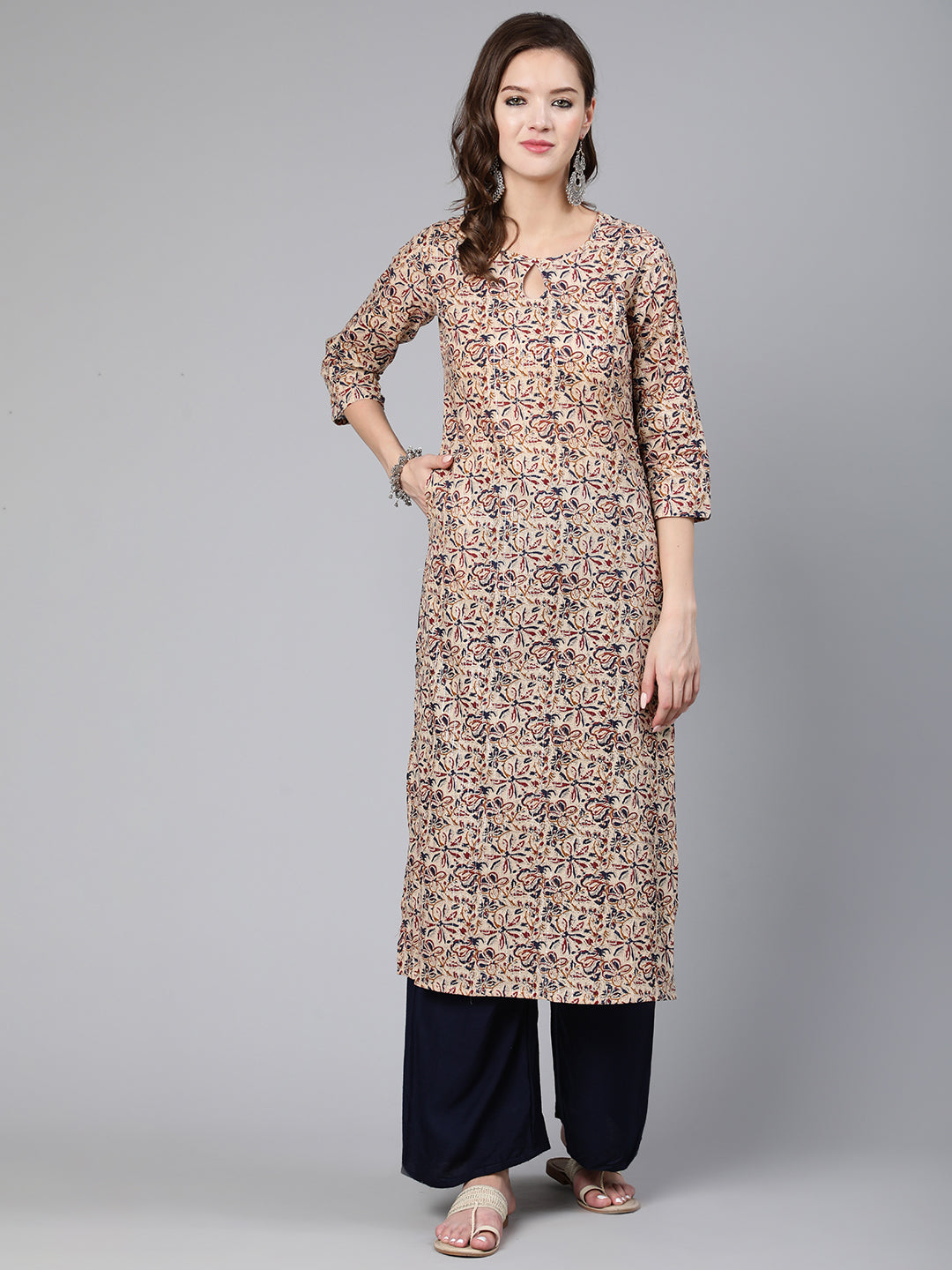 Beige Printed Straight Kurta With Three Quarter Sleeves