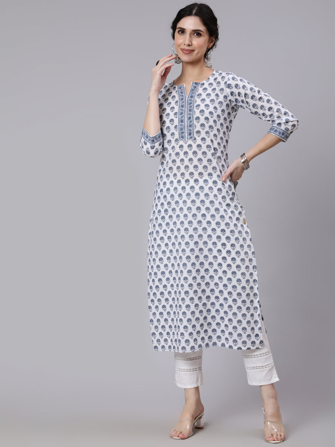 Off-White Printed Straight Kurta With Three Quarter Sleeves