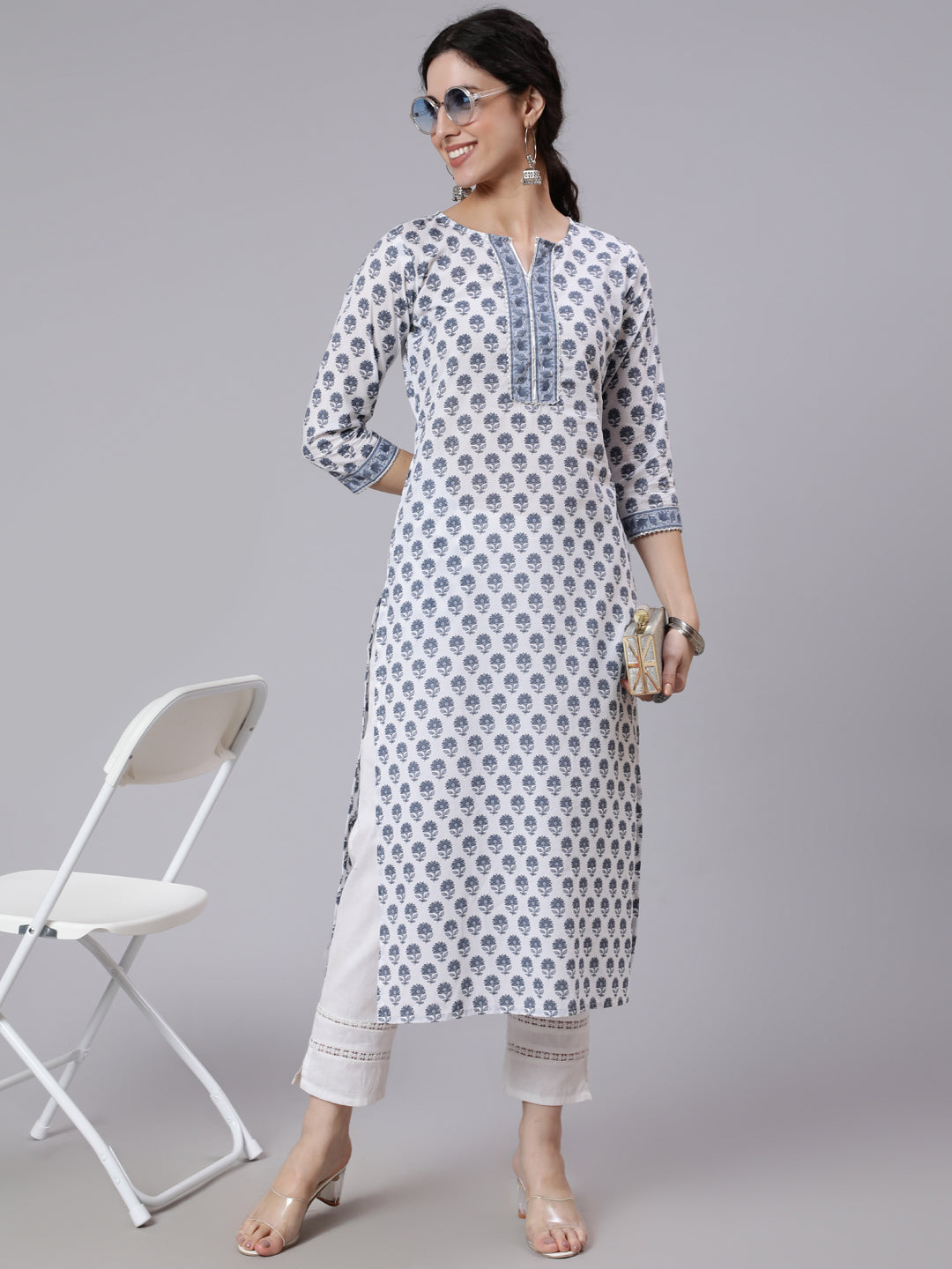 Off-White Printed Straight Kurta With Three Quarter Sleeves