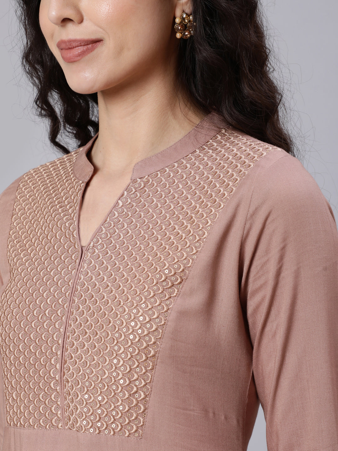 Beige Embroidered Yoke Design Straight Kurta