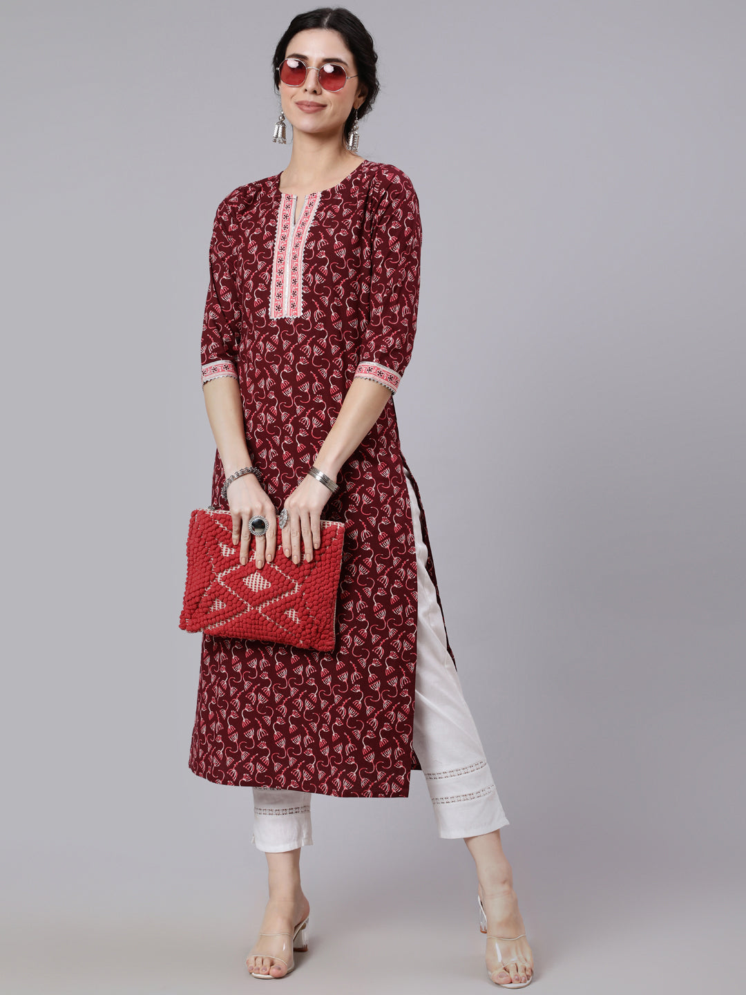 Burgundy Printed Straight kurta With Three Quarter Sleeves
