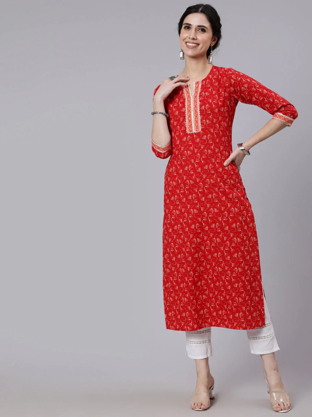 Red Printed Straight kurta With Three Quarter Sleeves