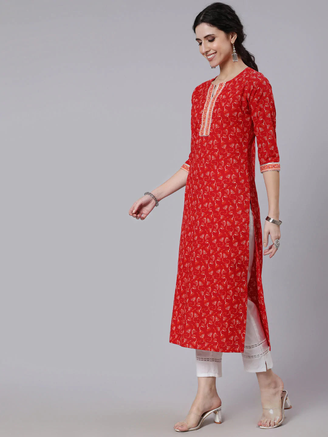 Red Printed Straight kurta With Three Quarter Sleeves