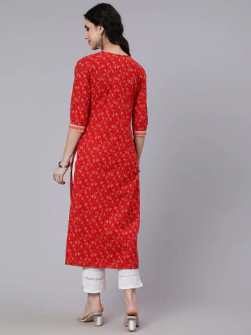 Red Printed Straight kurta With Three Quarter Sleeves