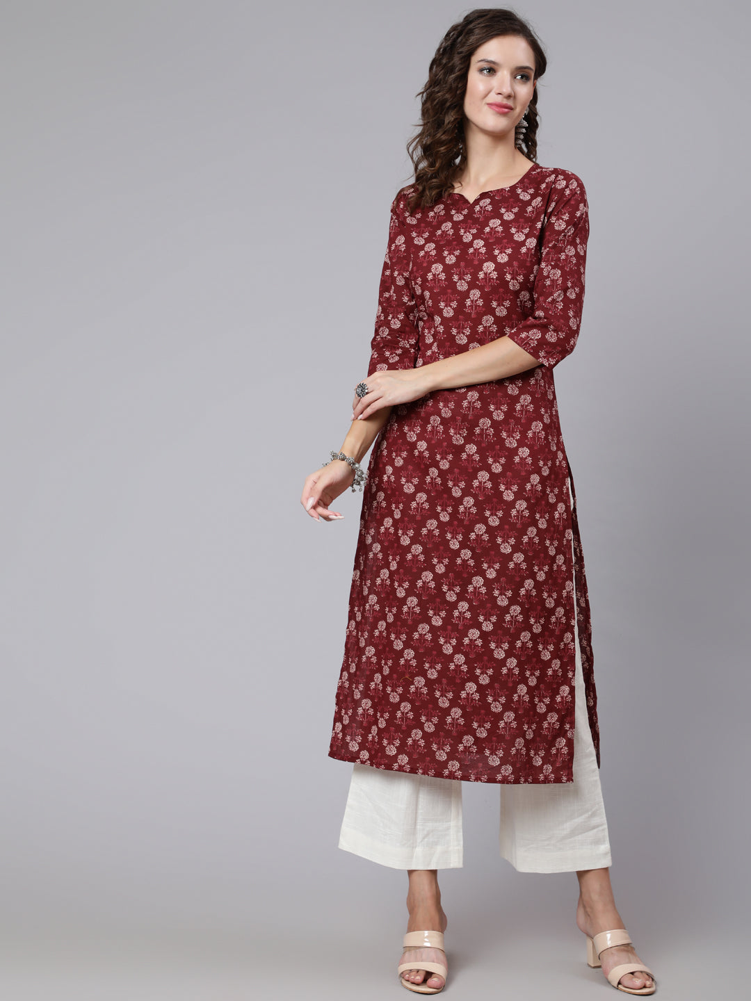 Burgundy Ethnic Printed Straight Kurta with Three Quarter Sleeves