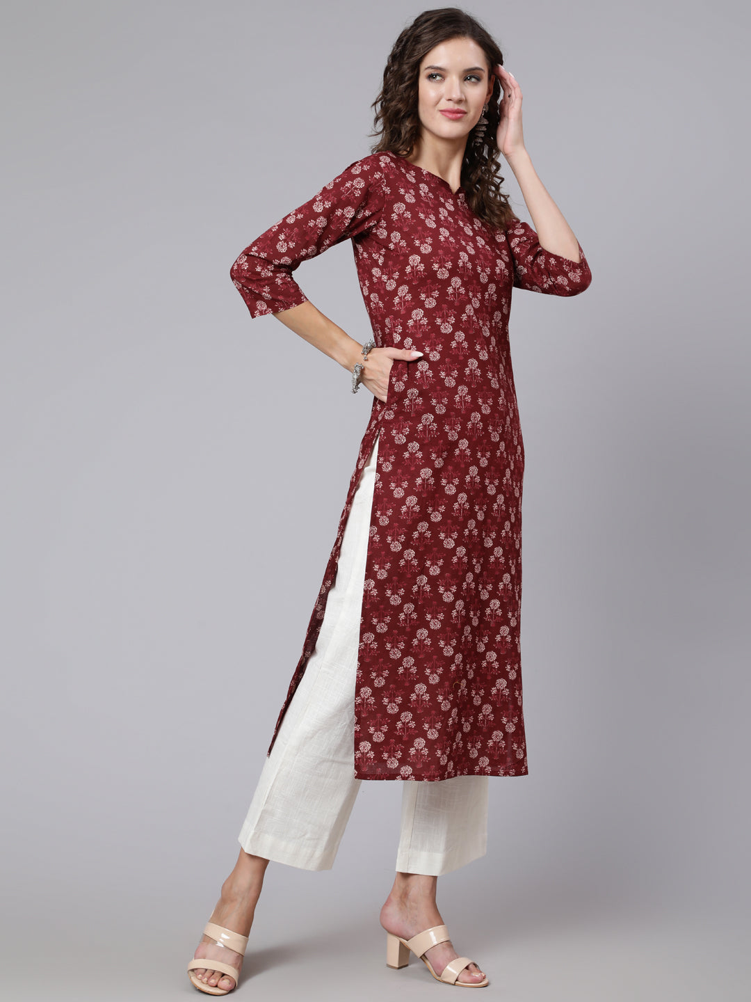 Burgundy Ethnic Printed Straight Kurta with Three Quarter Sleeves