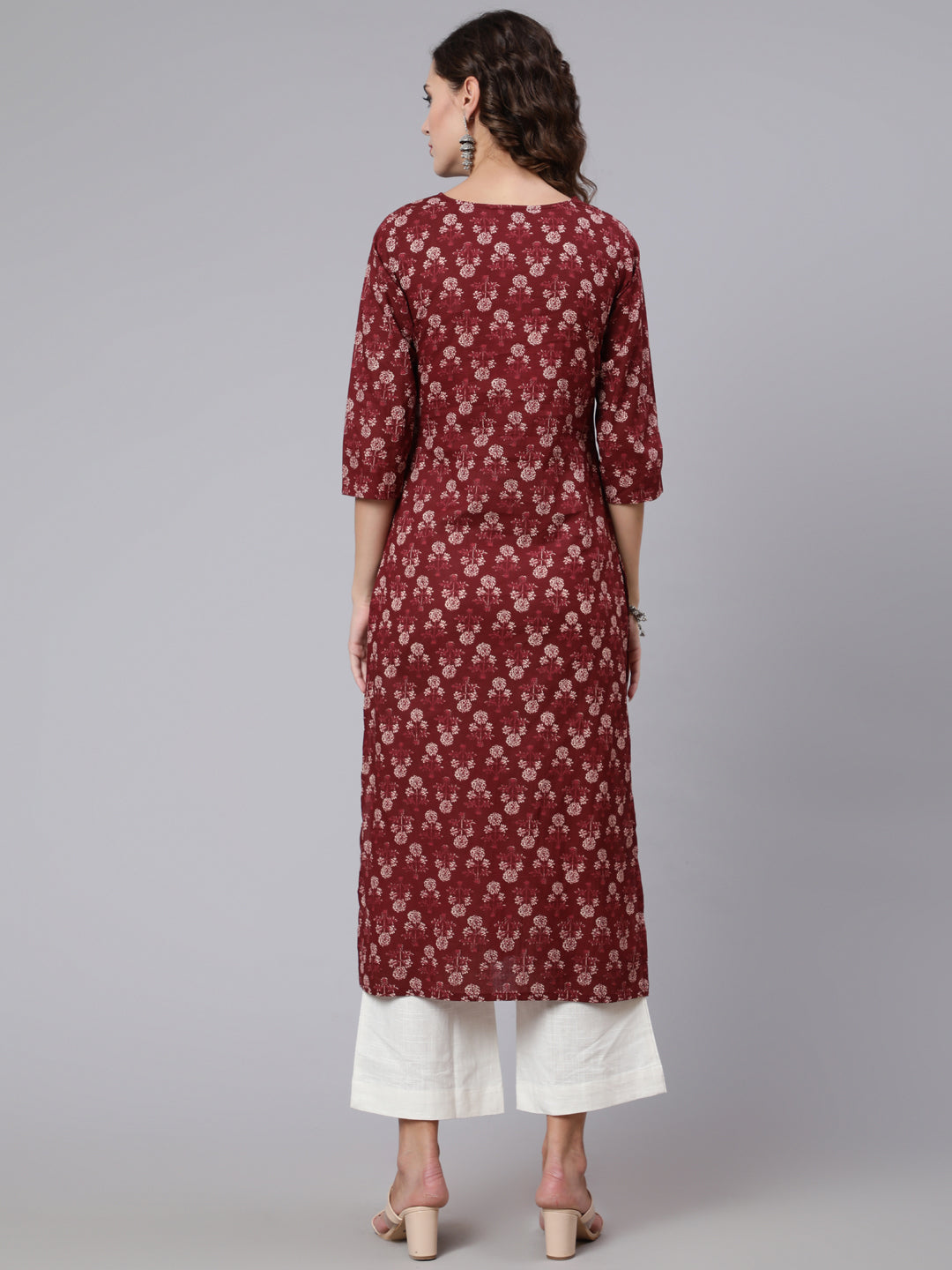 Burgundy Ethnic Printed Straight Kurta with Three Quarter Sleeves
