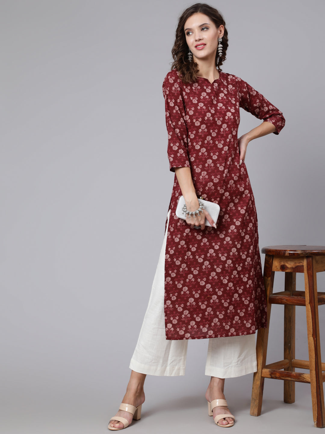 Burgundy Ethnic Printed Straight Kurta with Three Quarter Sleeves