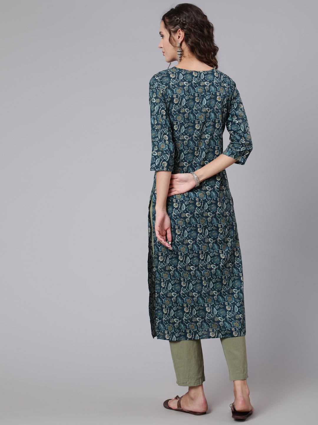 Teal Blue Printed straight kurta with three quarter sleeves