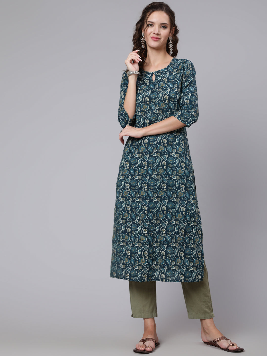 Teal Blue Printed straight kurta with three quarter sleeves