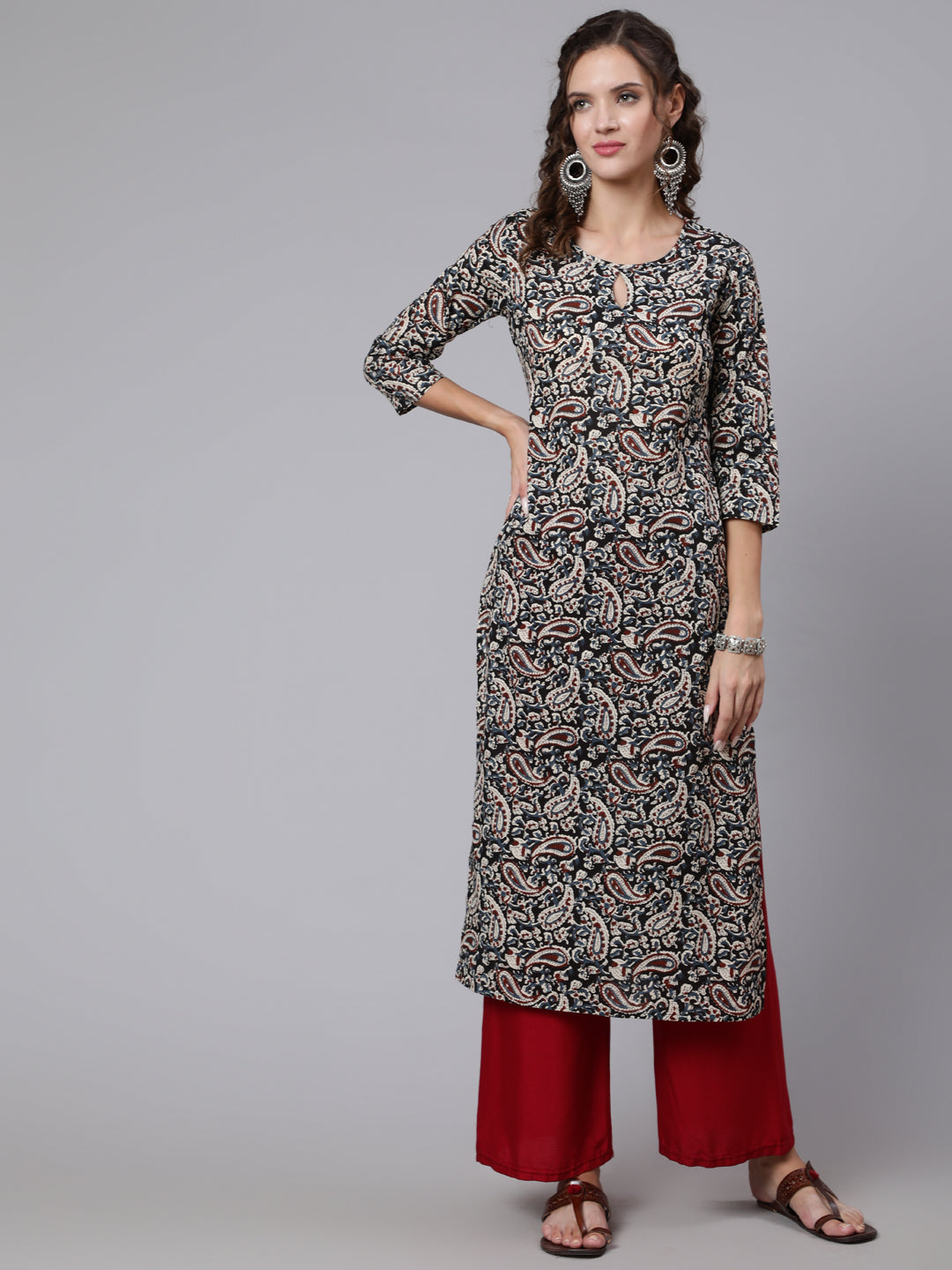 Black Paisley Printed straight Key hole Neck kurta with three quarter sleeves