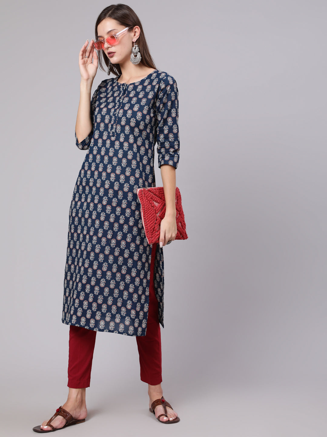 Blue Printed Straight Kurta With Three Quarter Sleeves