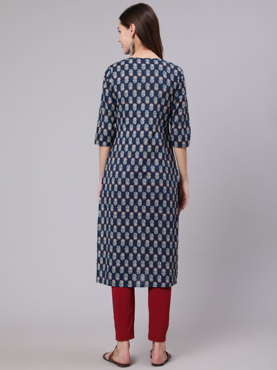 Blue Printed Straight Kurta With Three Quarter Sleeves