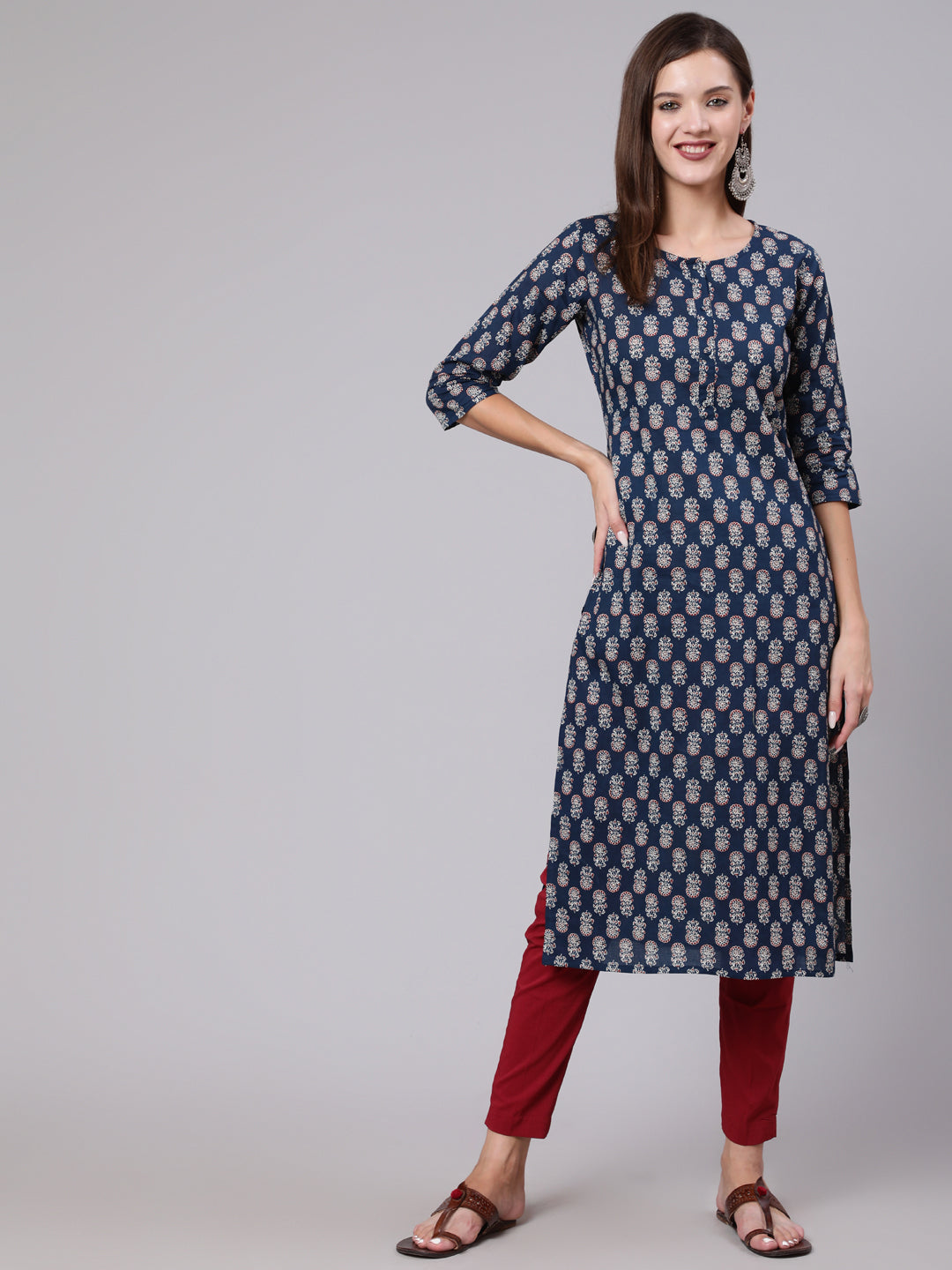 Blue Printed Straight Kurta With Three Quarter Sleeves