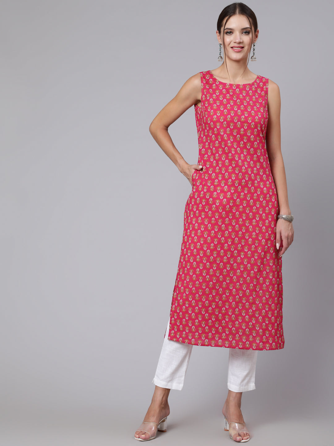 Pink Ethnic Printed Straight Sleeveless Kurta