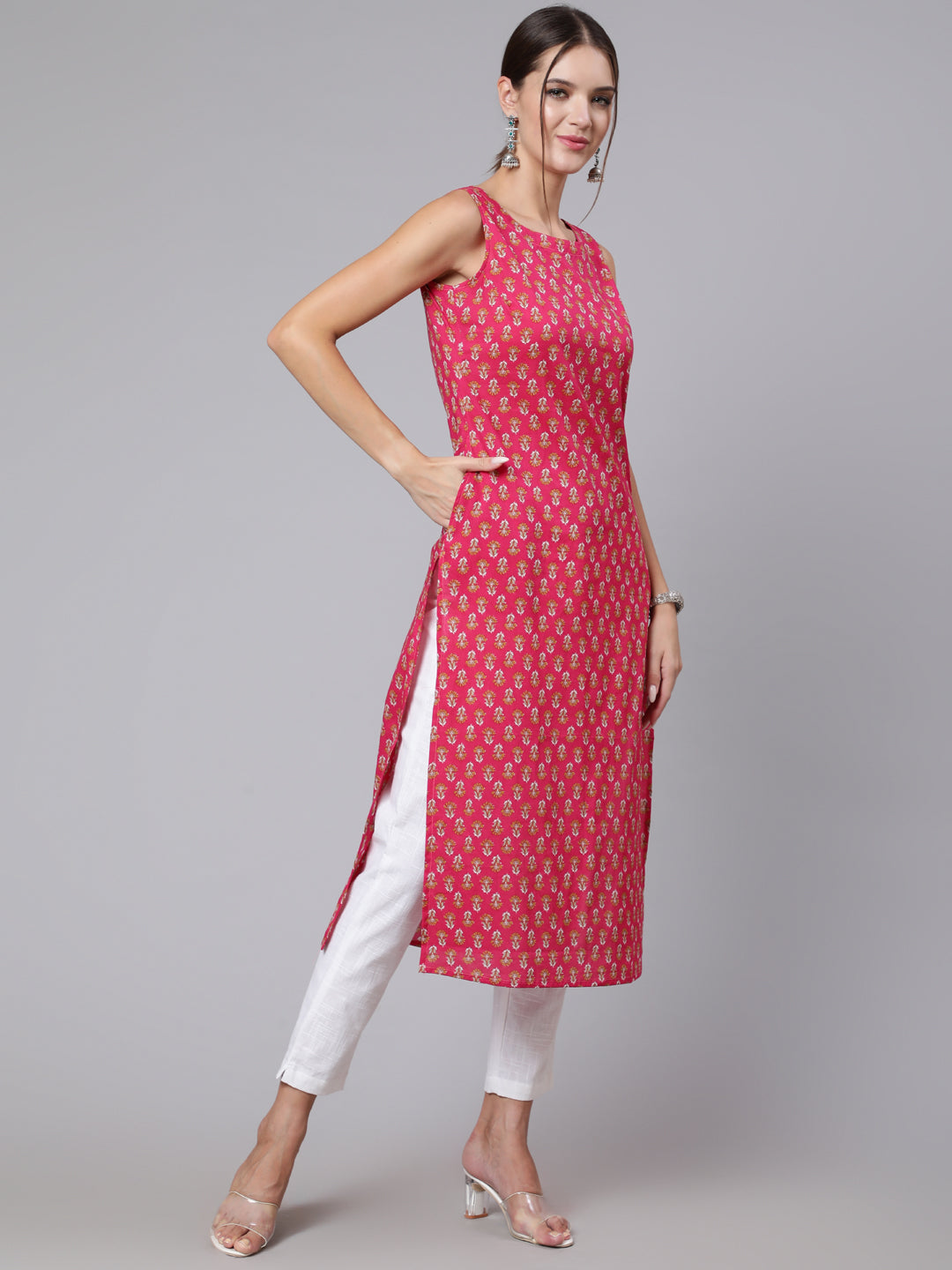 Pink Ethnic Printed Straight Sleeveless Kurta