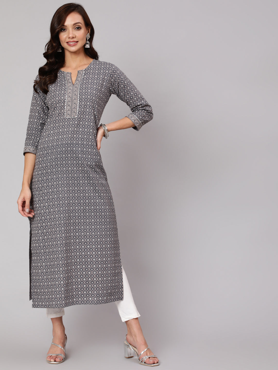 Grey Printed Straight Kurta With Three Quarter Sleeves