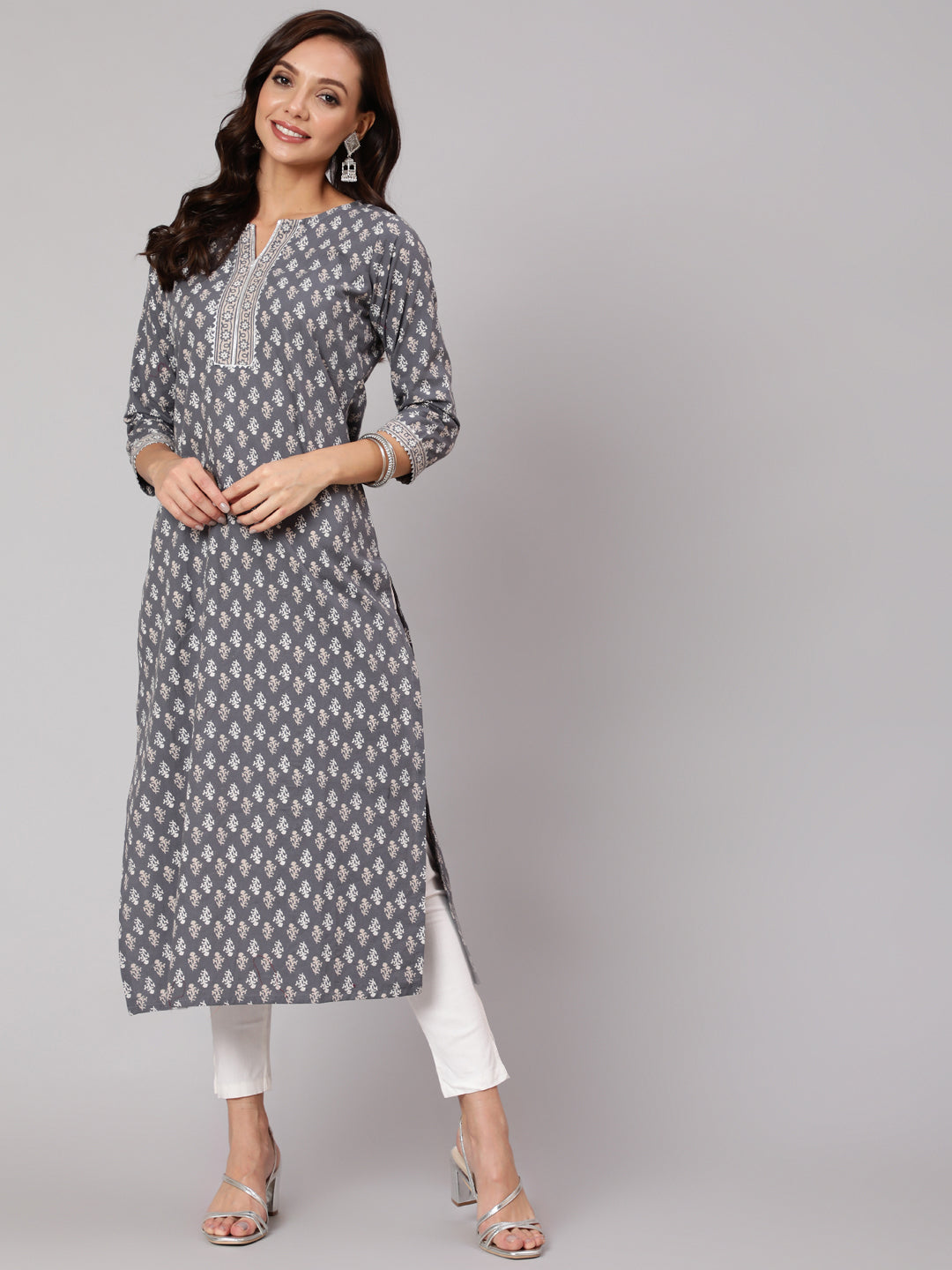 Grey Printed Straight Kurta With Three Quarter Sleeves