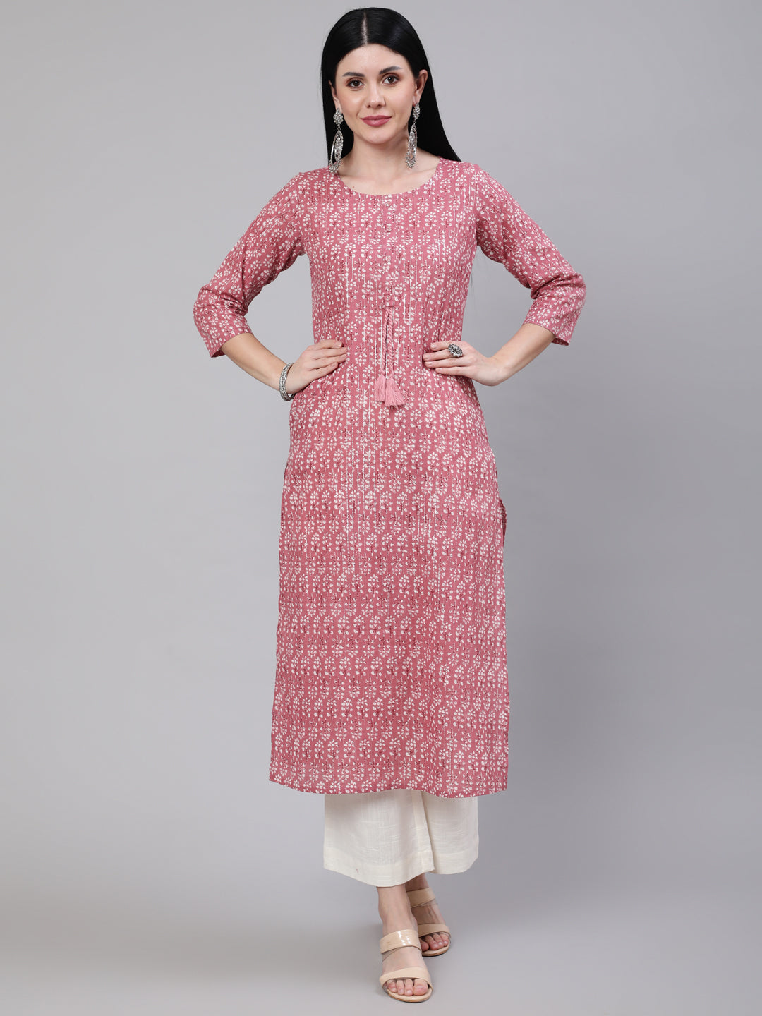 Mauve Ethnic Printed Straight Kurta With Three Quarter Sleeves