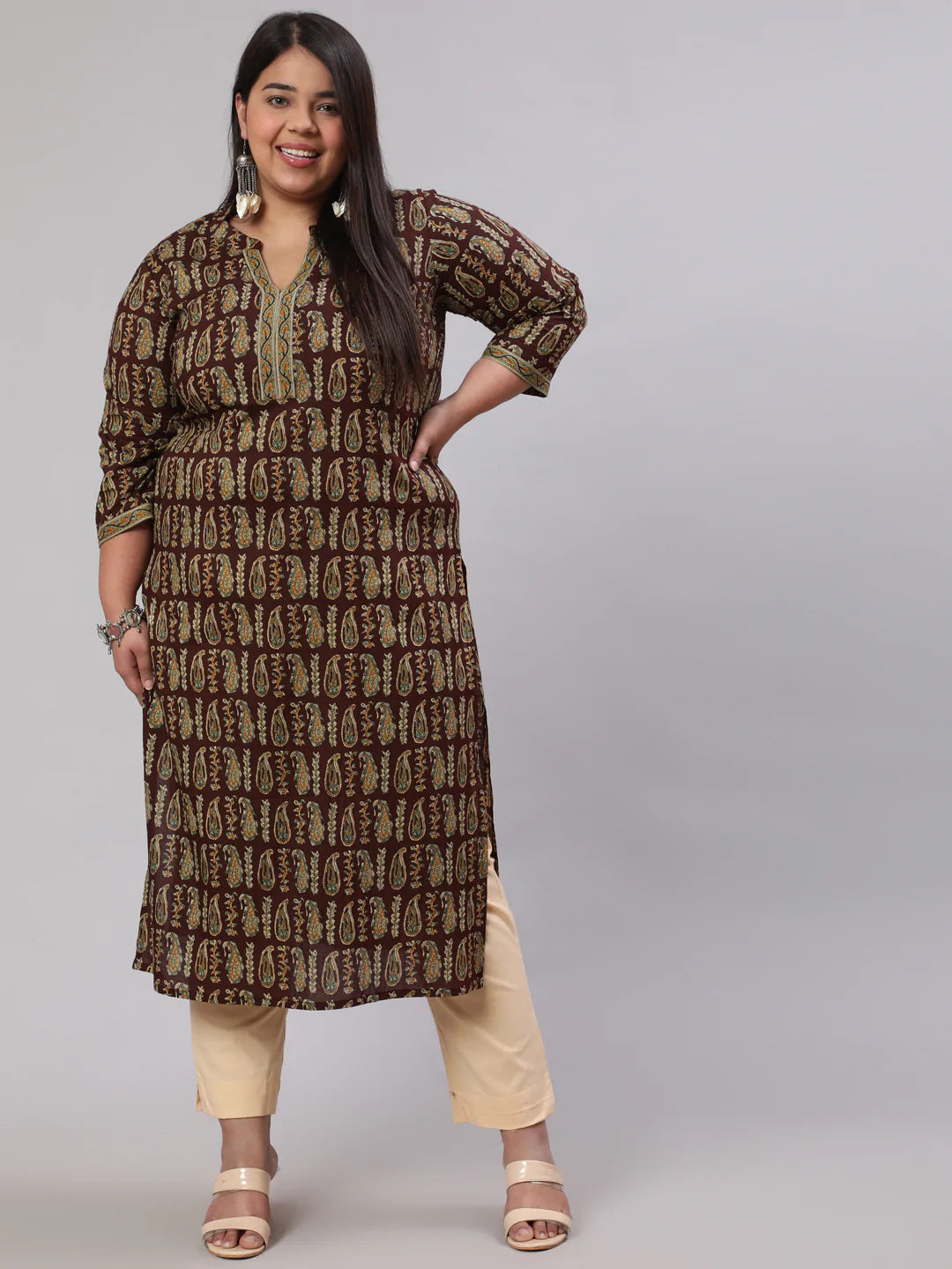 Plus Size Brown Printed Straight kurta with Three Quarters Sleeves