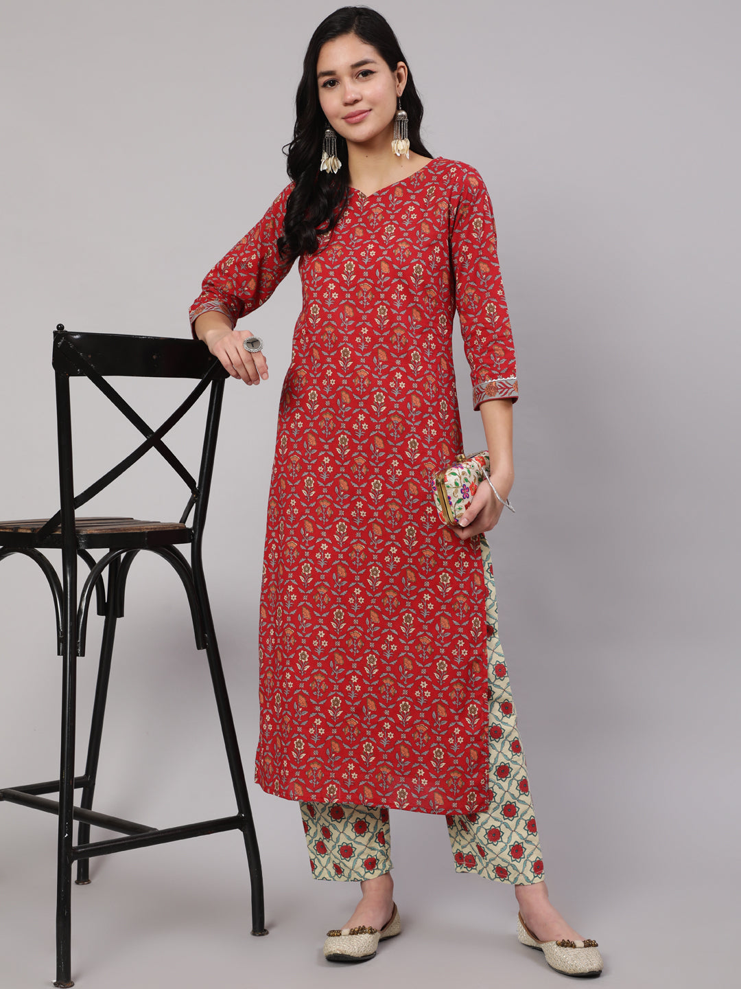 Red Printed Straight Kurta With Three Quarter Sleeves