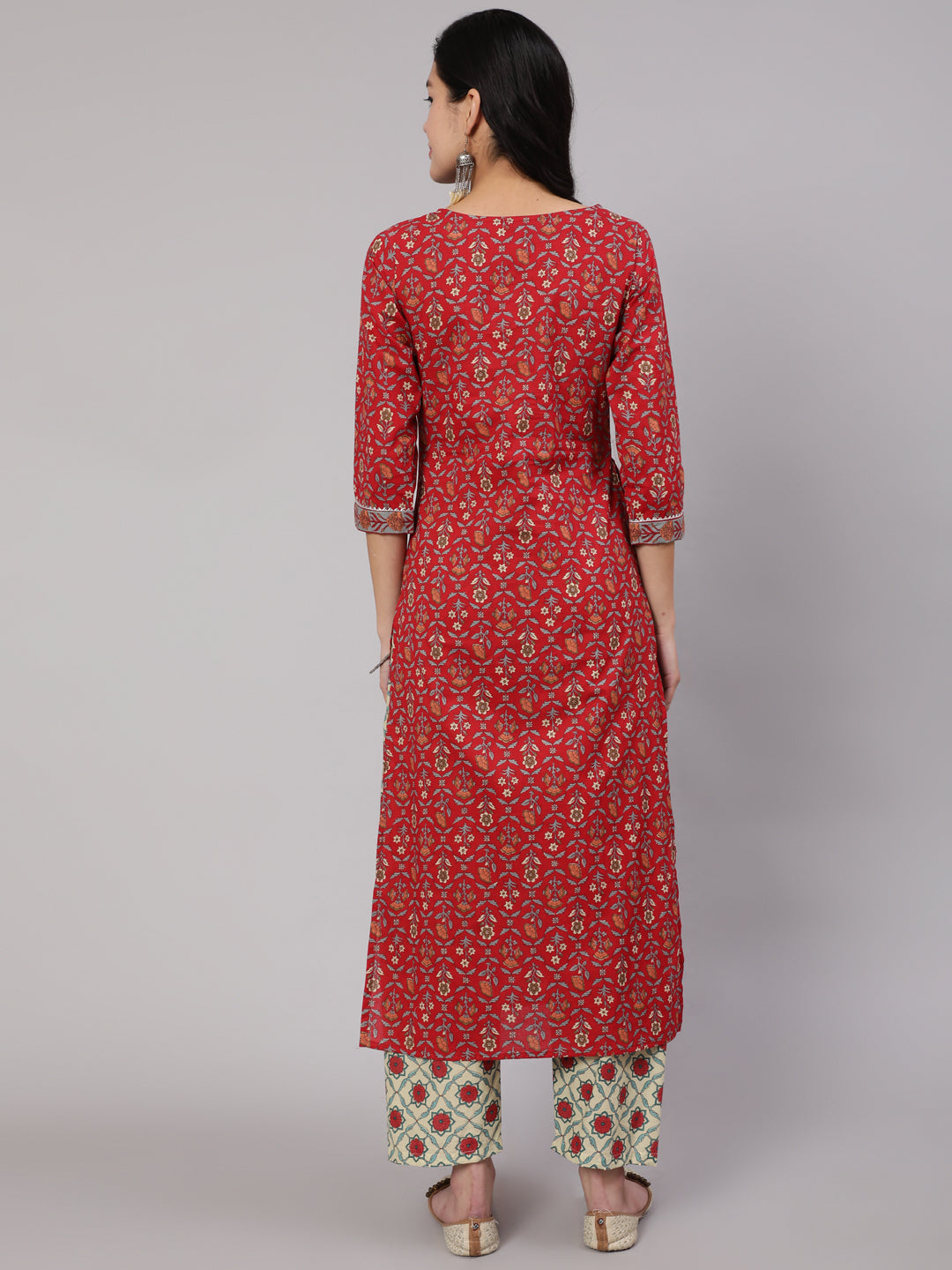 Red Printed Straight Kurta With Three Quarter Sleeves