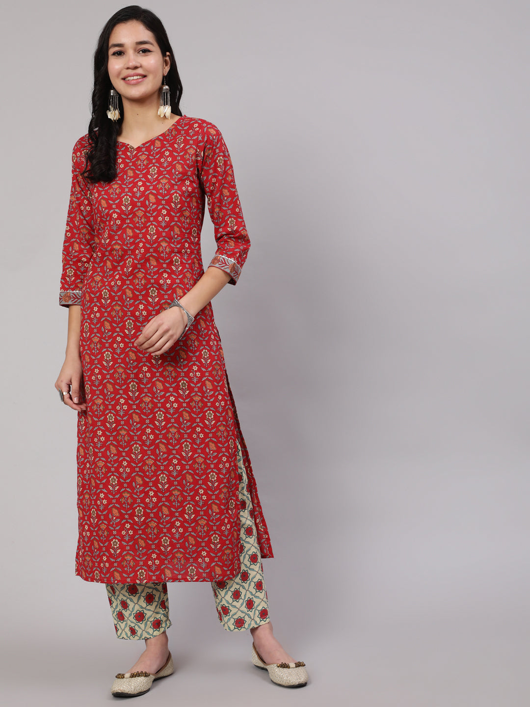 Red Printed Straight Kurta With Three Quarter Sleeves