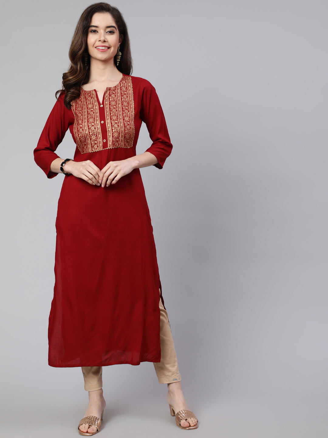 Maroon Printed Straight Kurta With Three Quarter Sleeves