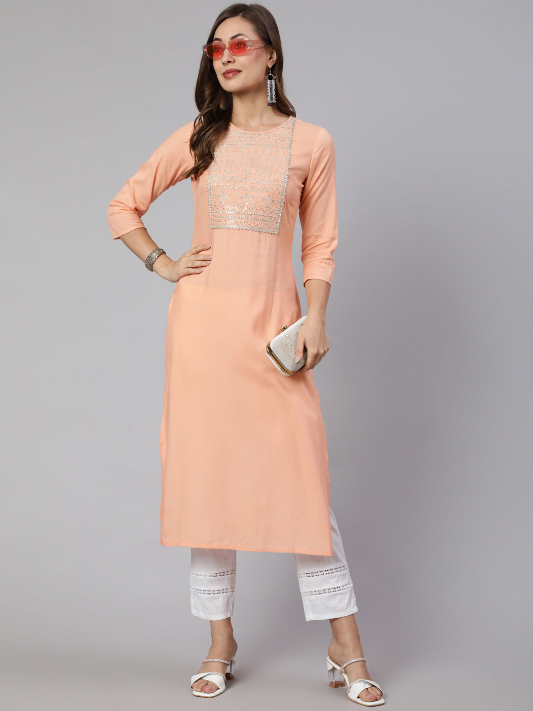 Peach Embroidered Straight Kurta With Three Quarter Sleeves