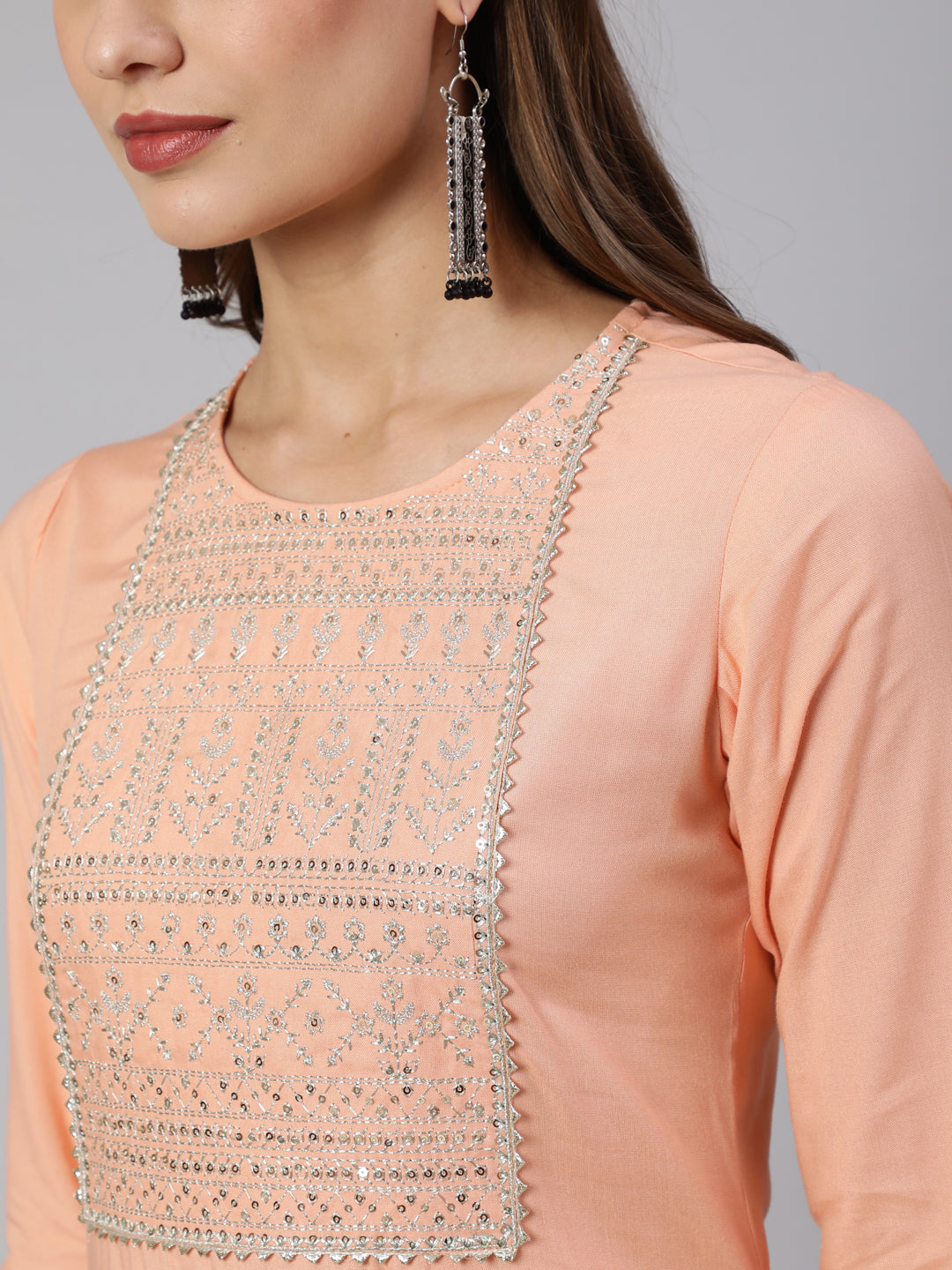Peach Embroidered Straight Kurta With Three Quarter Sleeves