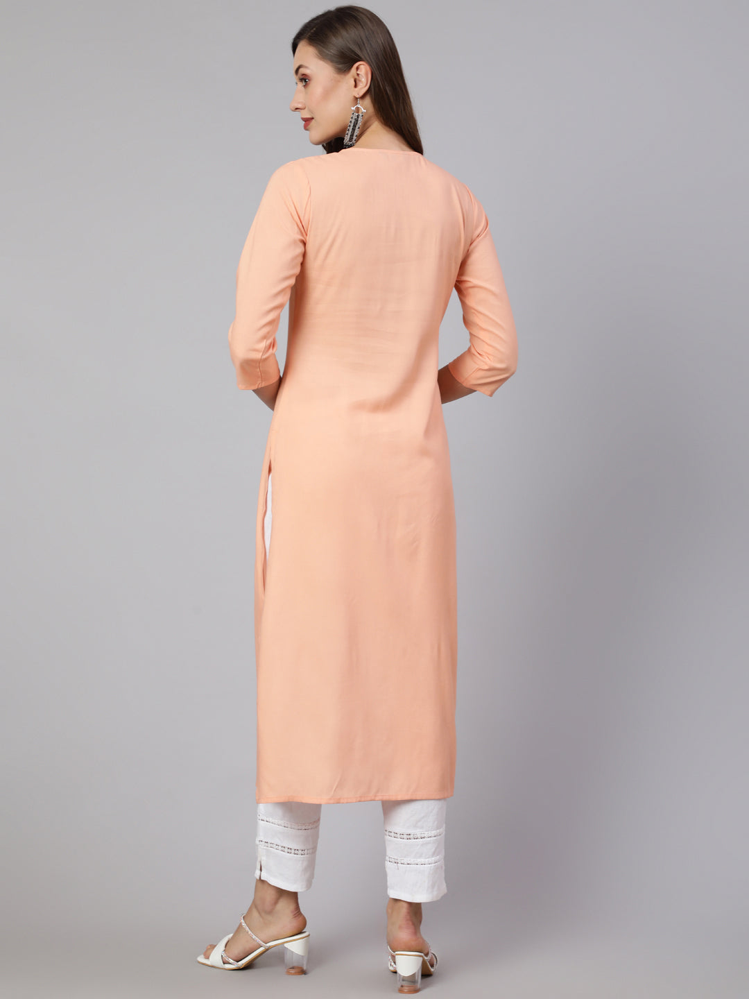 Peach Embroidered Straight Kurta With Three Quarter Sleeves