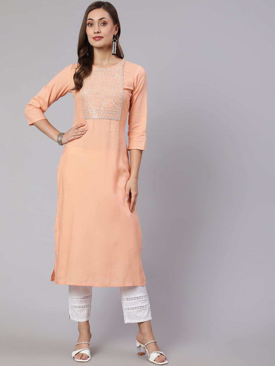 Peach Embroidered Straight Kurta With Three Quarter Sleeves