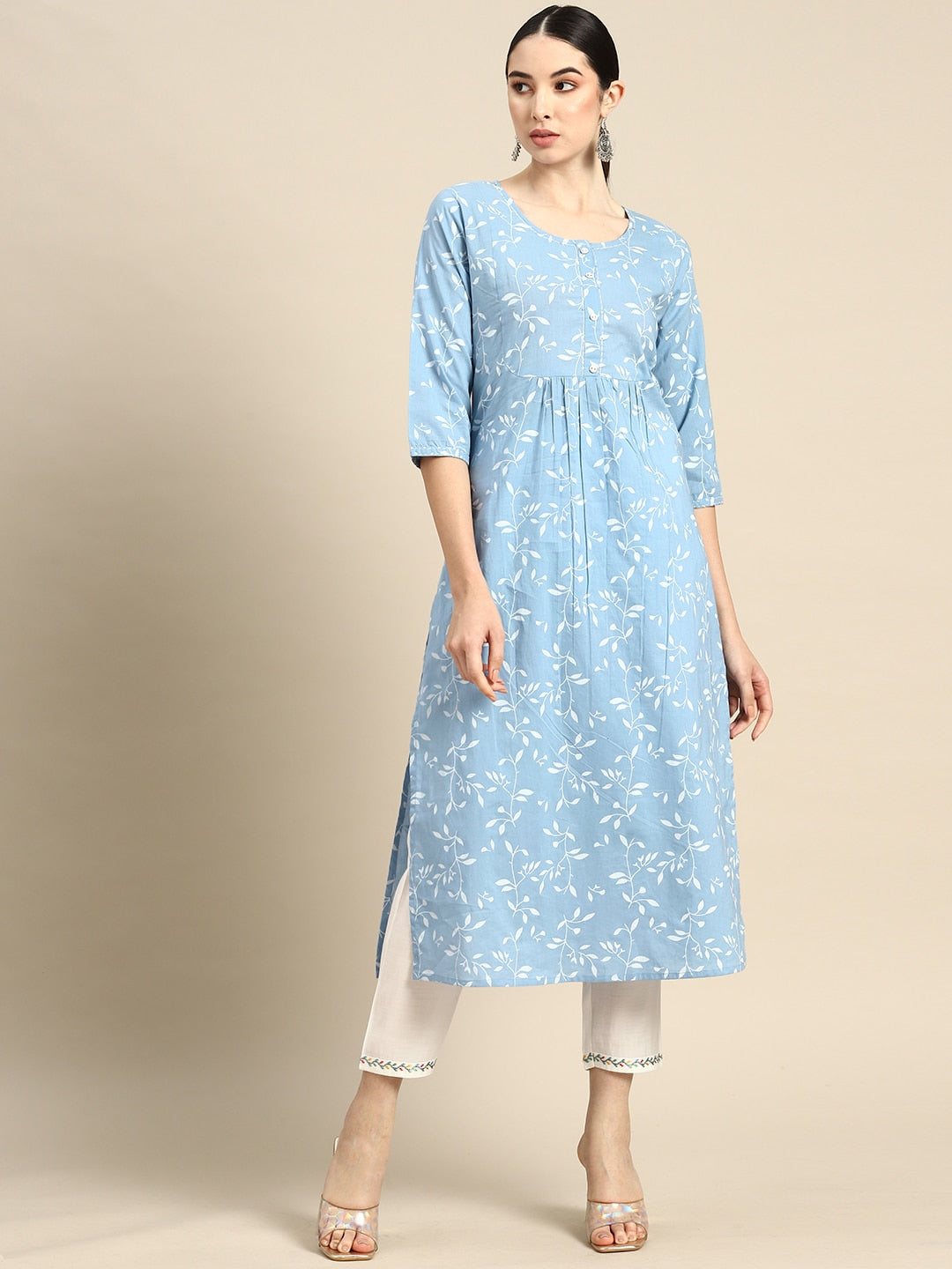 Blue Printed Flared Kurta With Three Quarter Sleeves