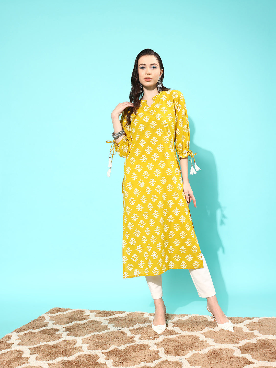 Yellow Straight Kurta With Three Quarter Sleeves