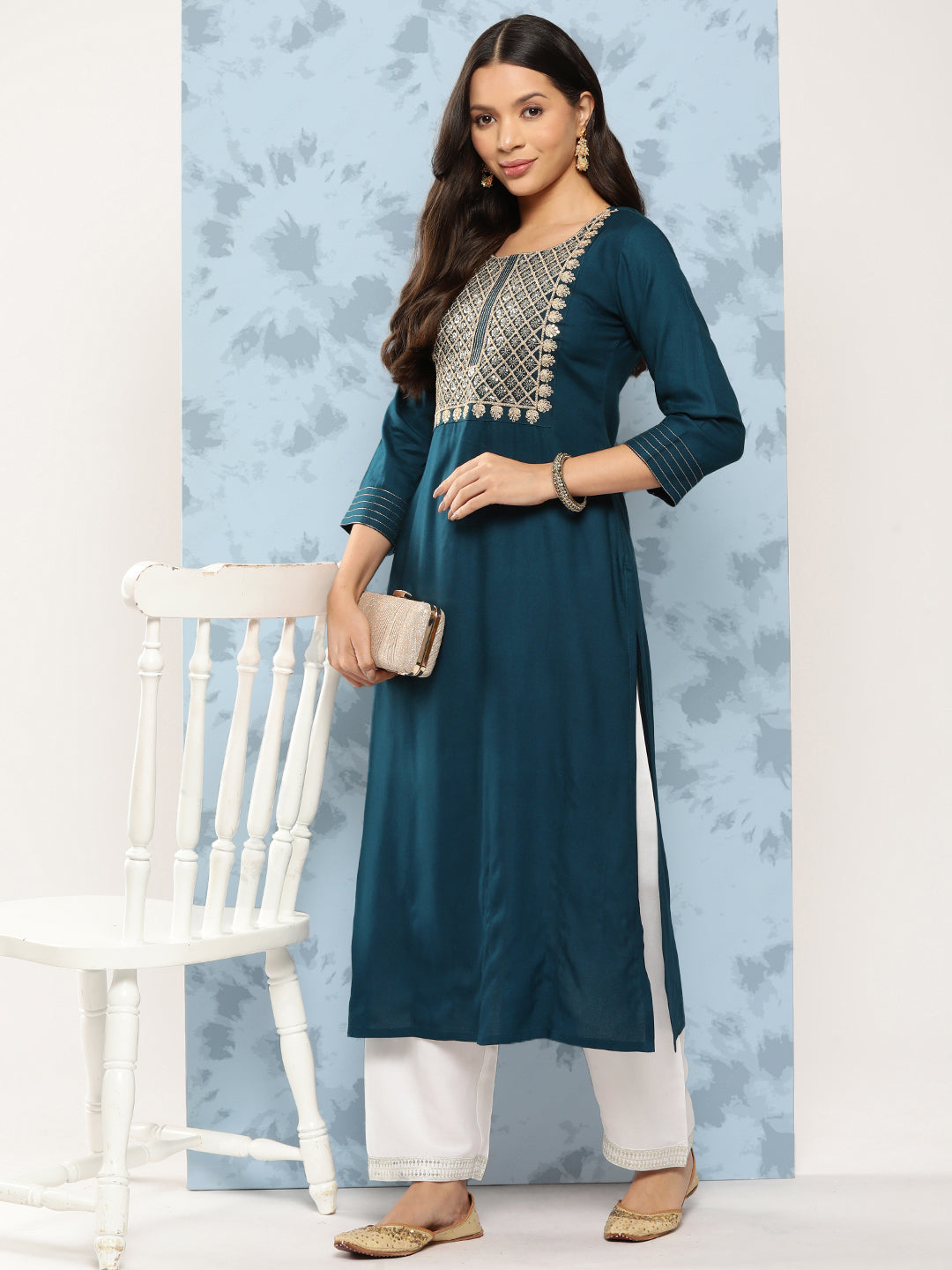 Teal Blue Embroidered Yoke Design Straight Kurta