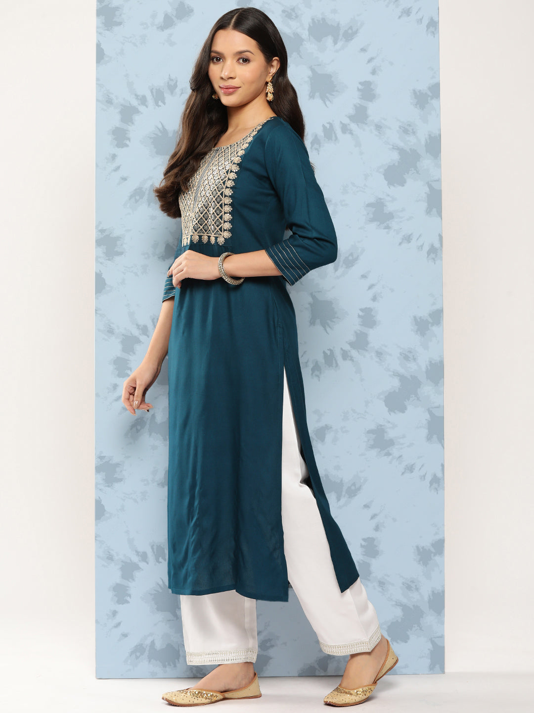 Teal Blue Embroidered Yoke Design Straight Kurta