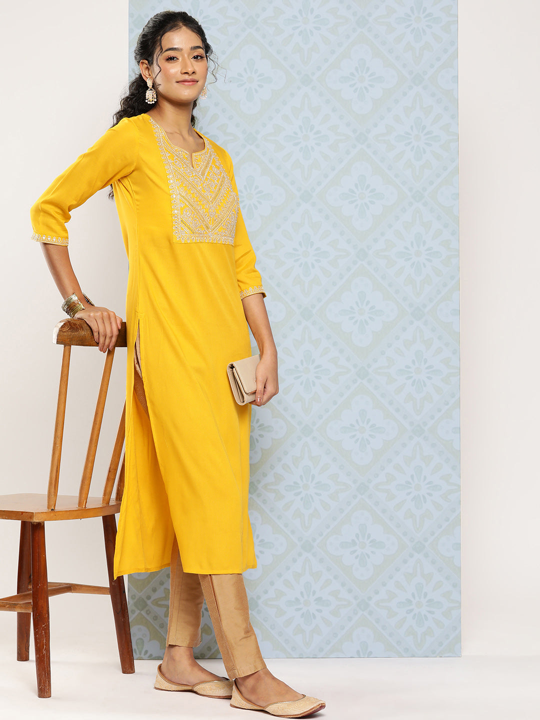 Yellow Embroidered Straight Kurta With Three Quarter Sleeves