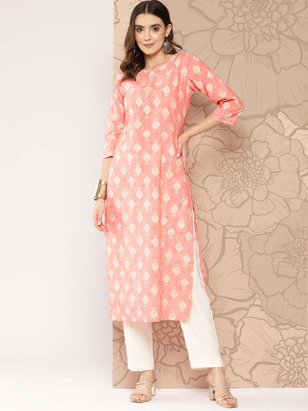 Peach Printed Straight Kurta With Three Quarter Sleeves