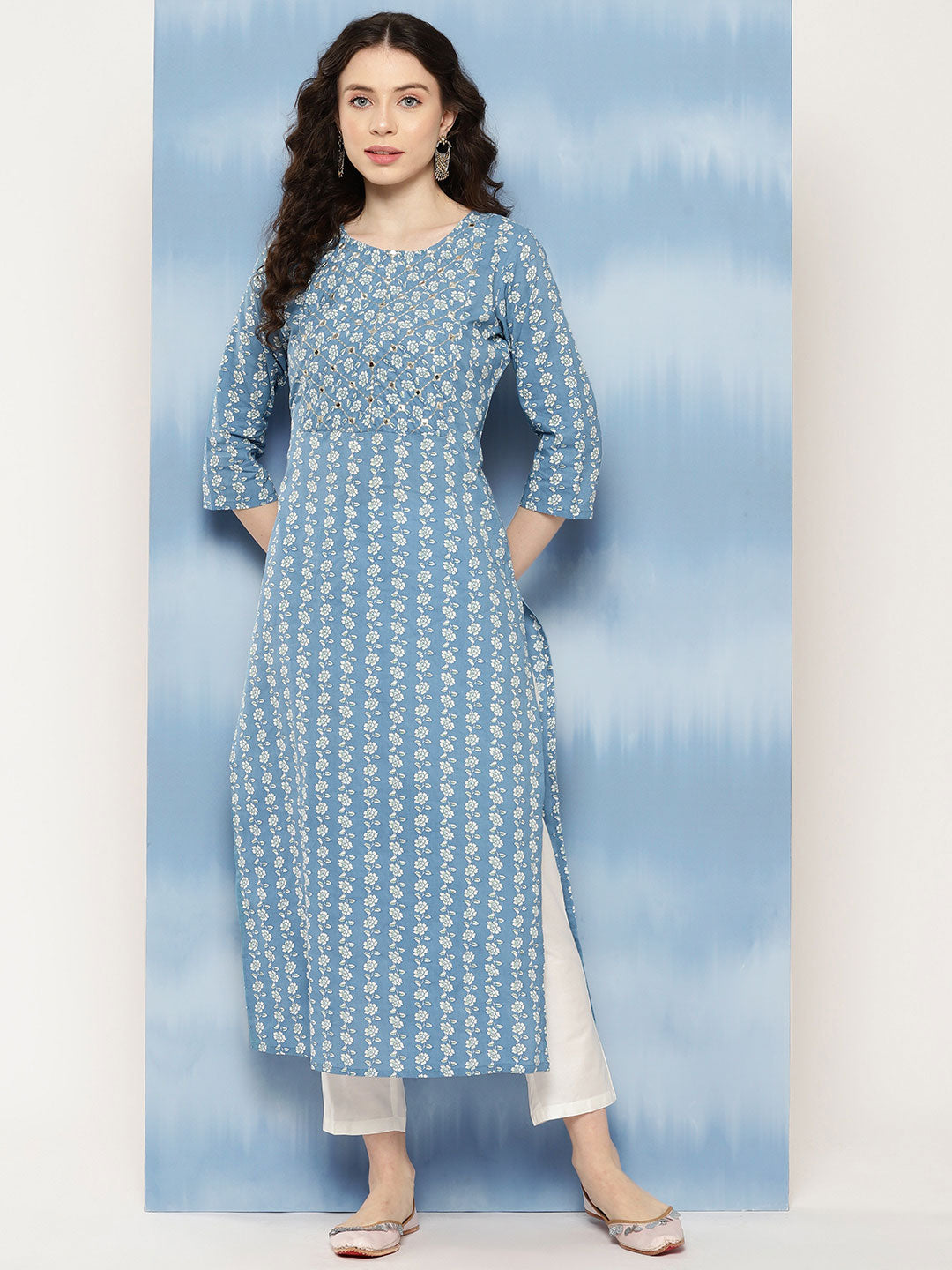 Blue Embroidered Yoke Design Straight Kurta