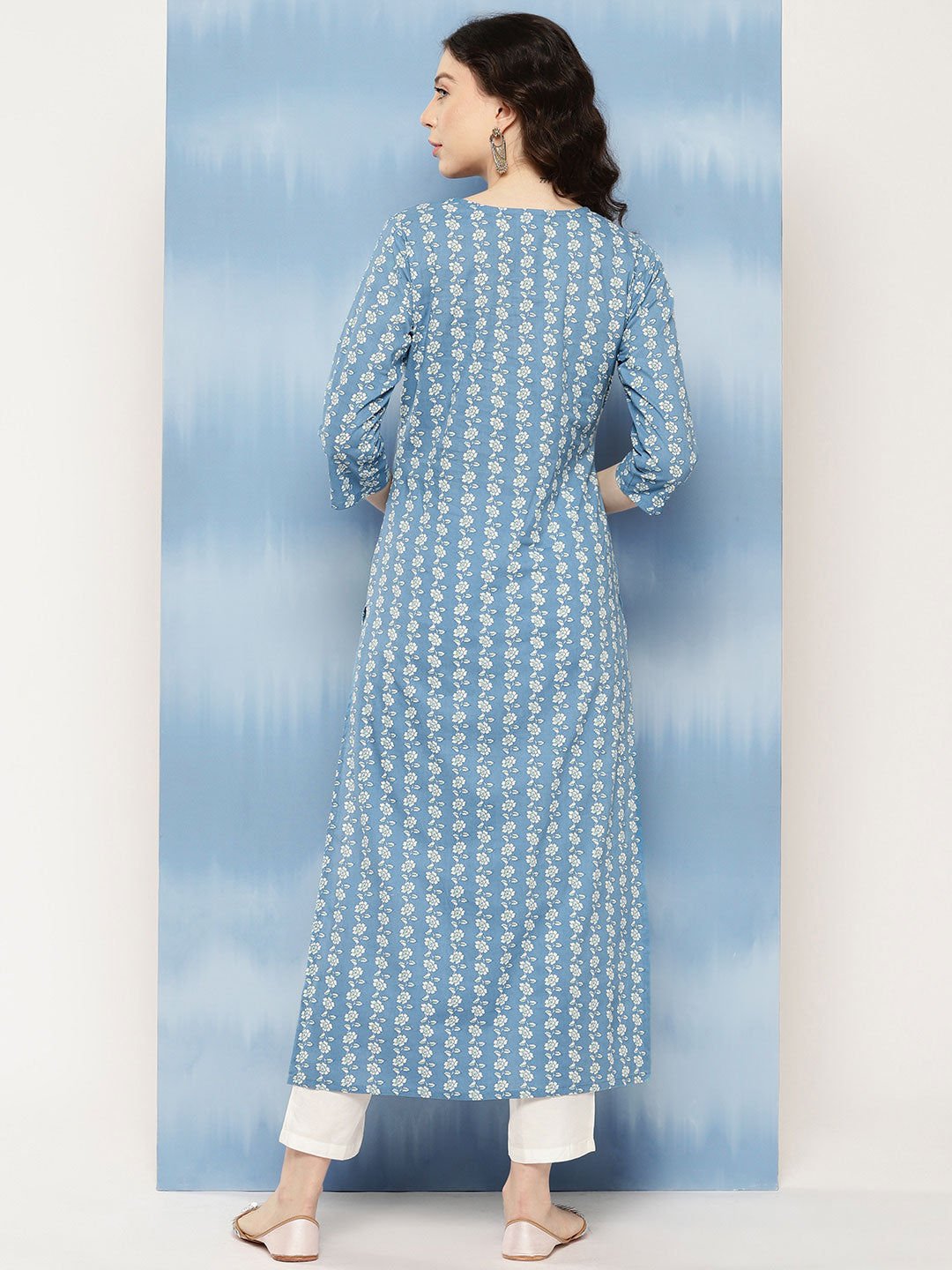 Blue Embroidered Yoke Design Straight Kurta