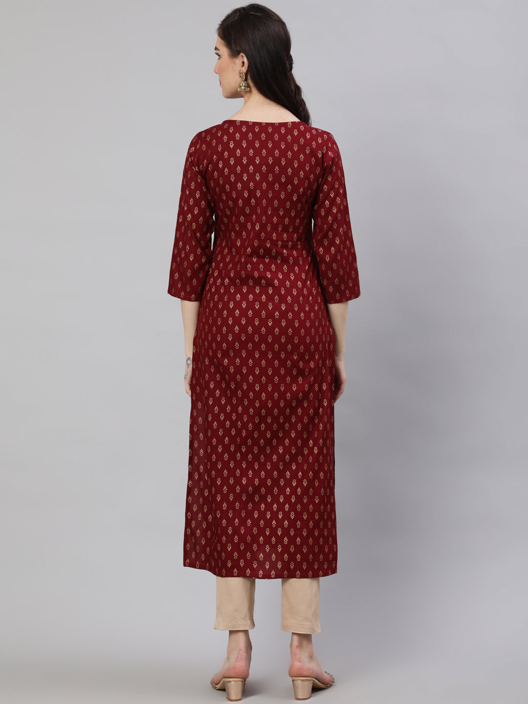 Maroon Printed Straight Kurta With Three Quarter Sleeves