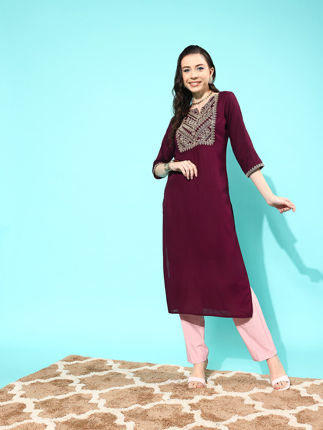 Burgundy Embroidered Yoke Design Straight Kurta