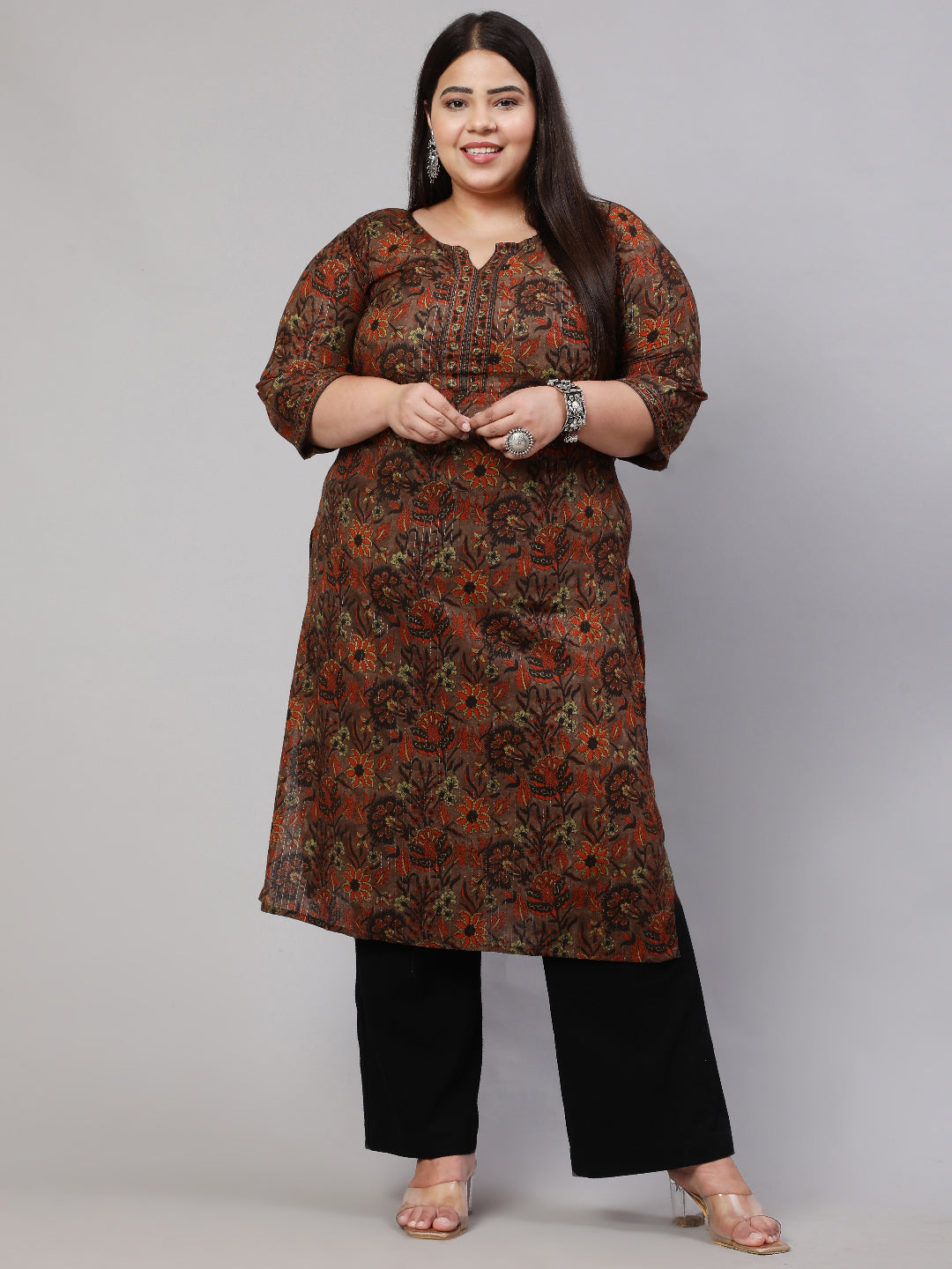 Plus Size Multi Printed Straight Kurta With Three Quarters Sleeves