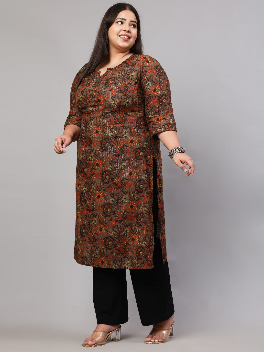 Plus Size Multi Printed Straight Kurta With Three Quarters Sleeves