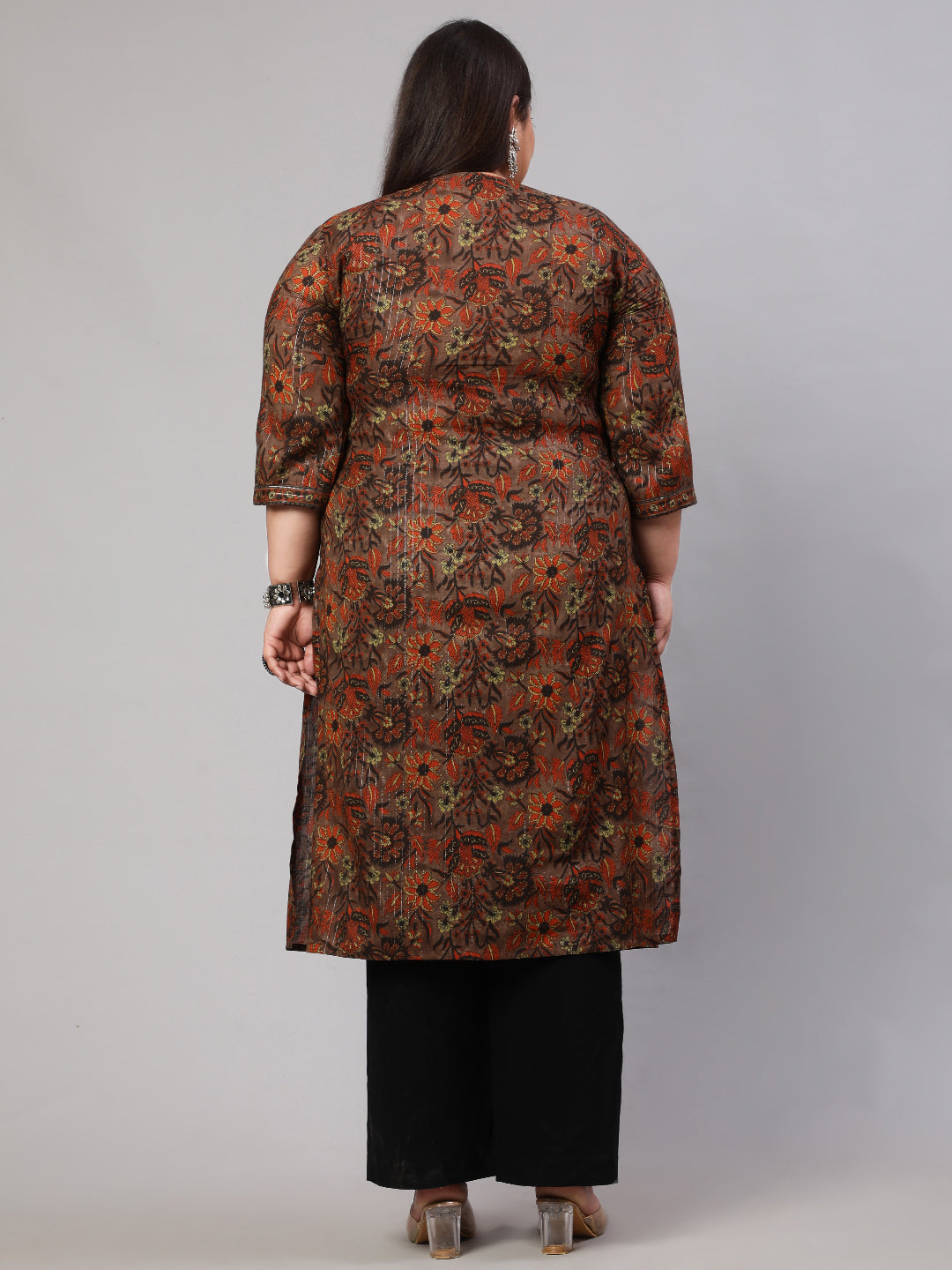 Plus Size Multi Printed Straight Kurta With Three Quarters Sleeves