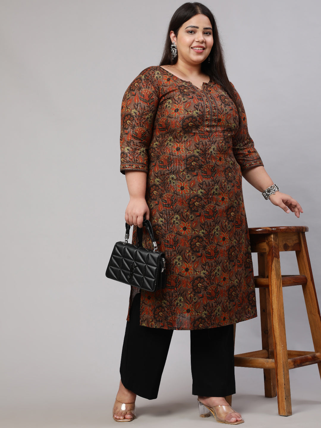 Plus Size Multi Printed Straight Kurta With Three Quarters Sleeves