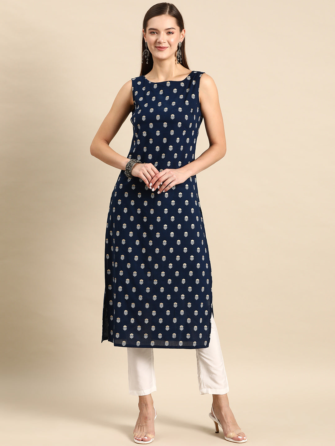 Navy Blue Ethnic Printed Straight Sleeveless Kurta