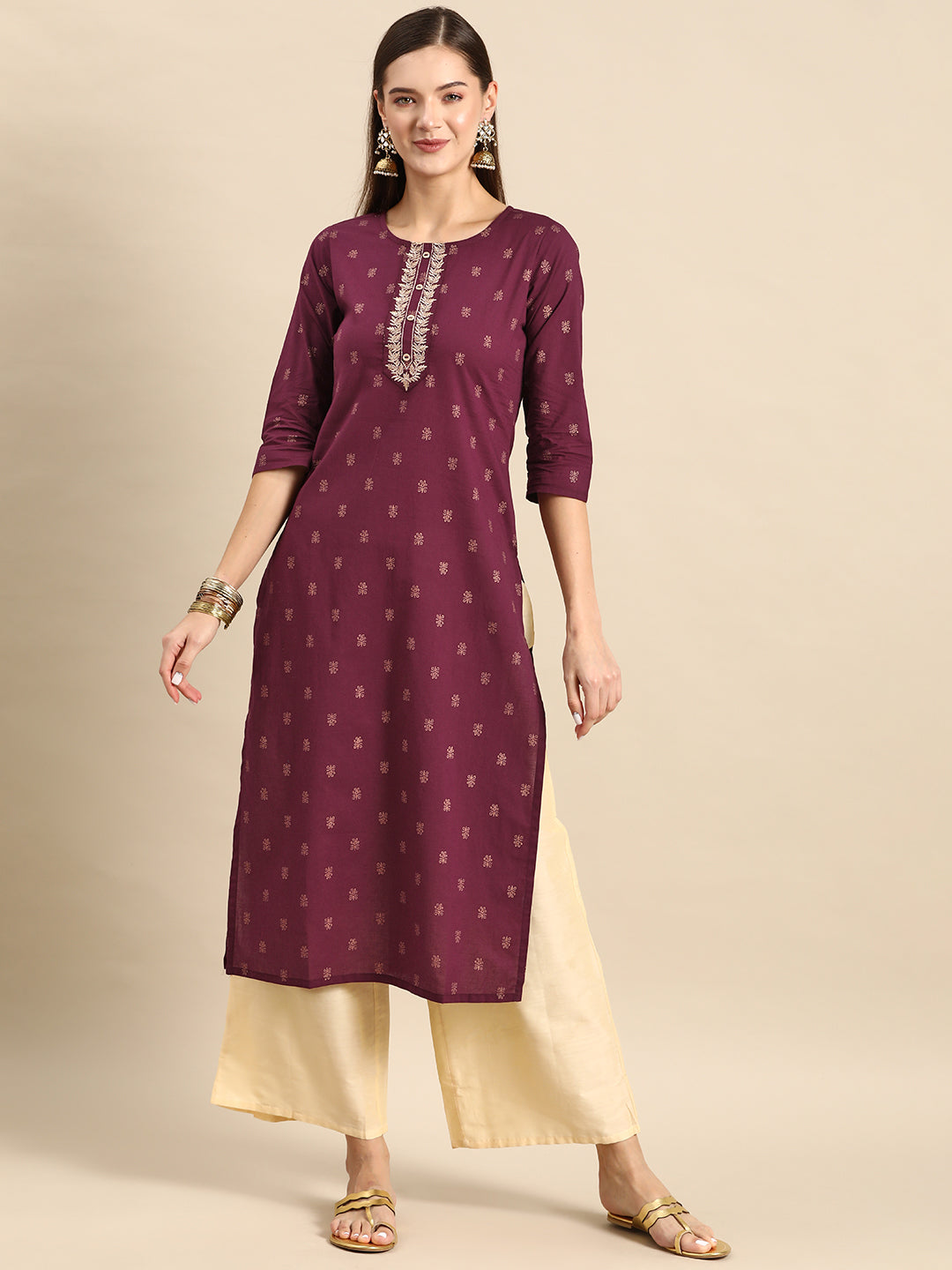 Burgundy Embroidered Yoke Design Straight Kurta
