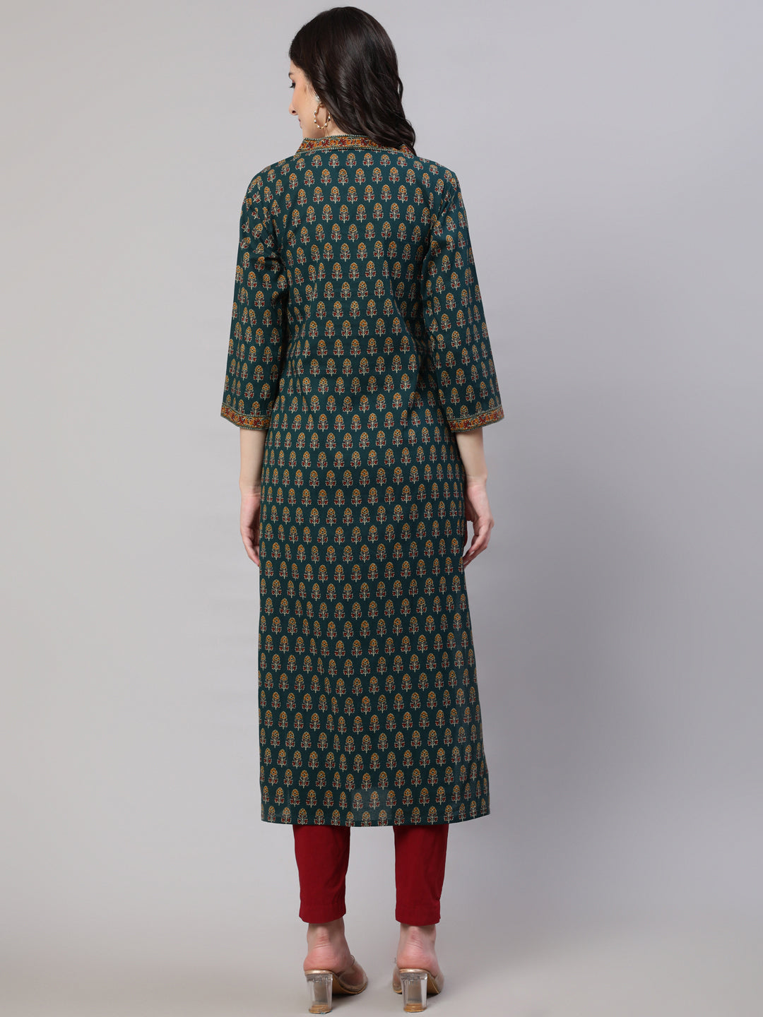 Green Ethnic Printed Straight Kurta With Three Quarter Sleeves