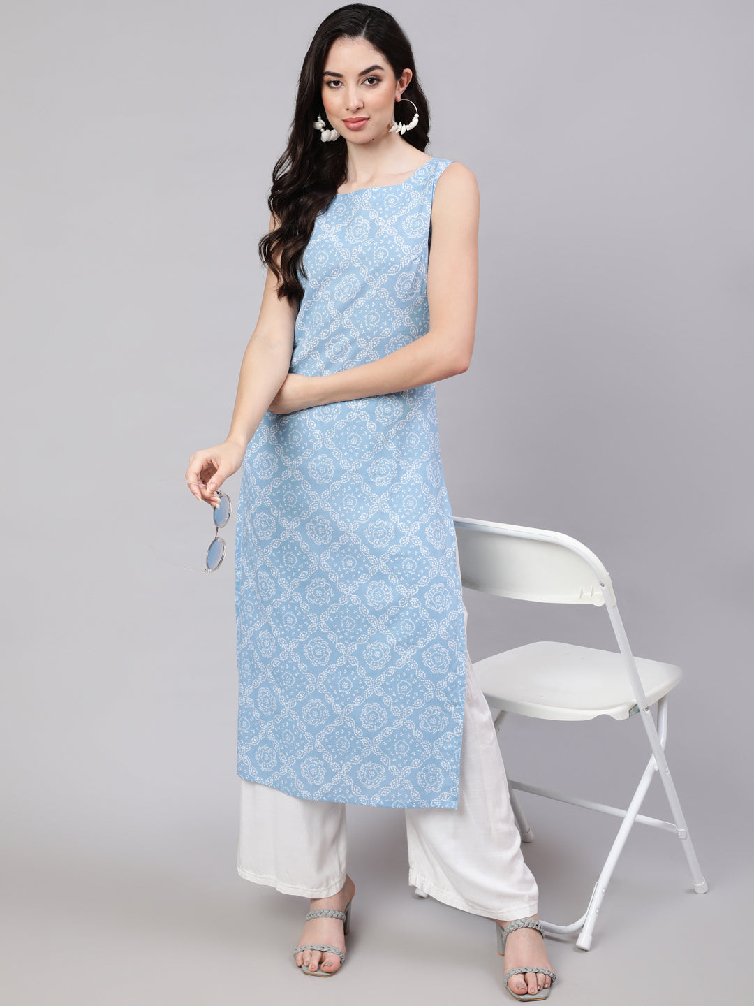Sleeveless Formal Long Kurtis Blue Ethnic Printed Straight